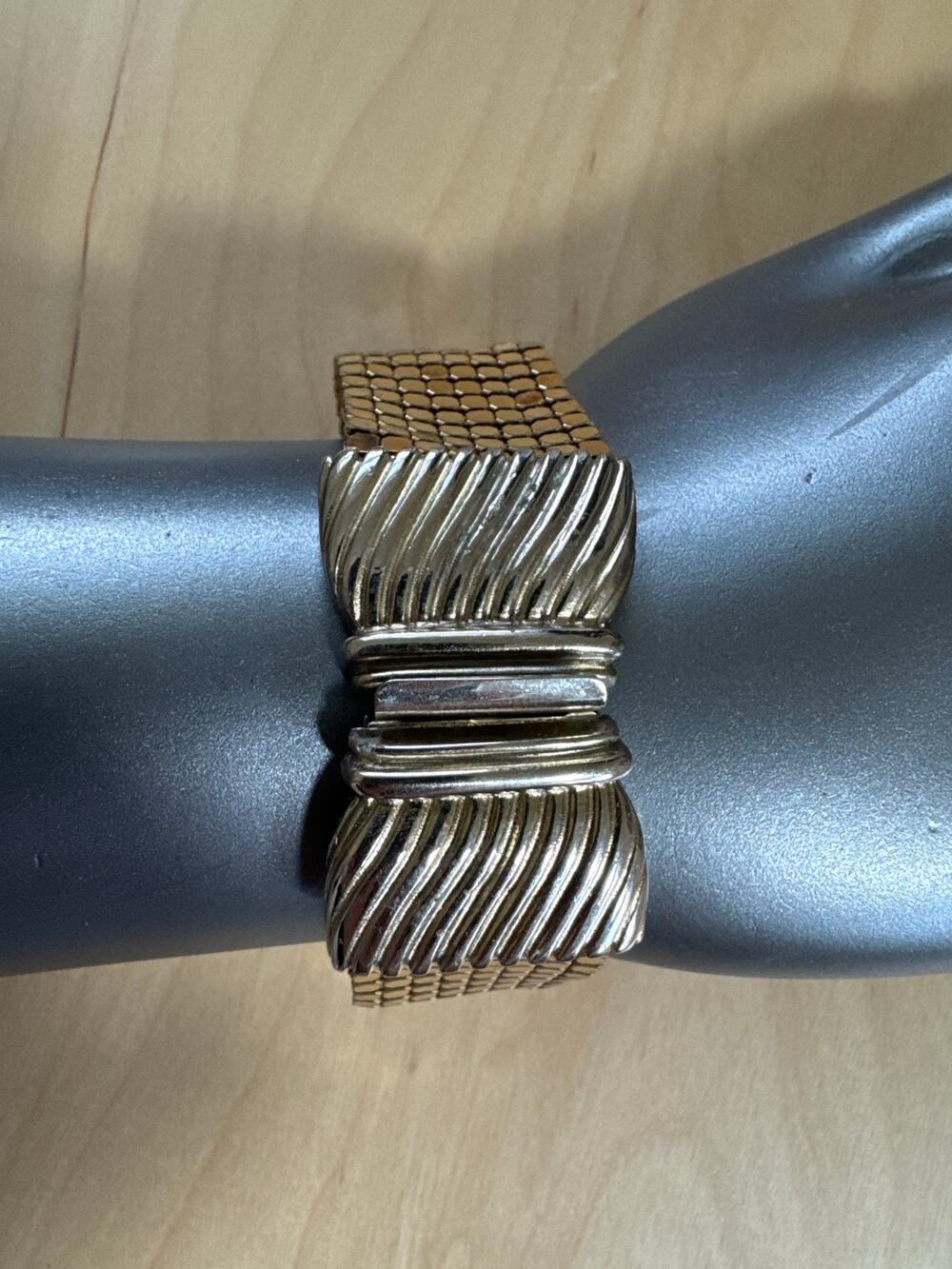 Vintage Al Roberto Heavy Gold Plate Thick Mesh Ribbed Slide In Clasp 7 1/2"
